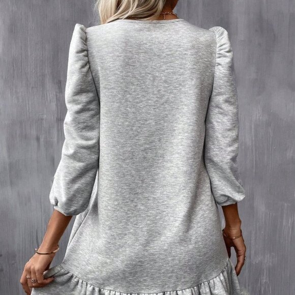 Grey Casual Womens Puff Sleeve Ruffle Hem Smock Dress - Picture 5 of 5